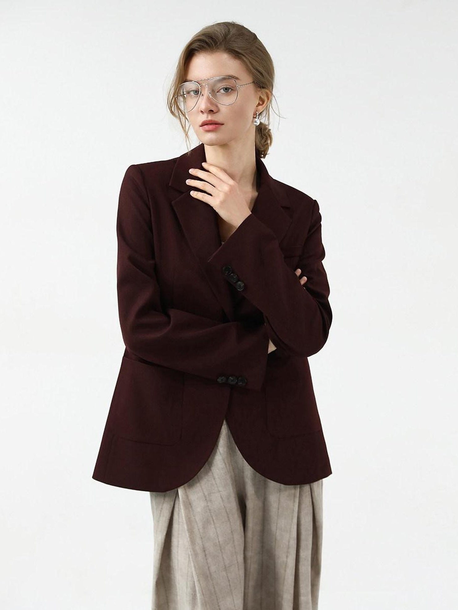 COCOBELLA Stretch Polyester Single Button Straight Cut Office Work Women Solid Red Blazers