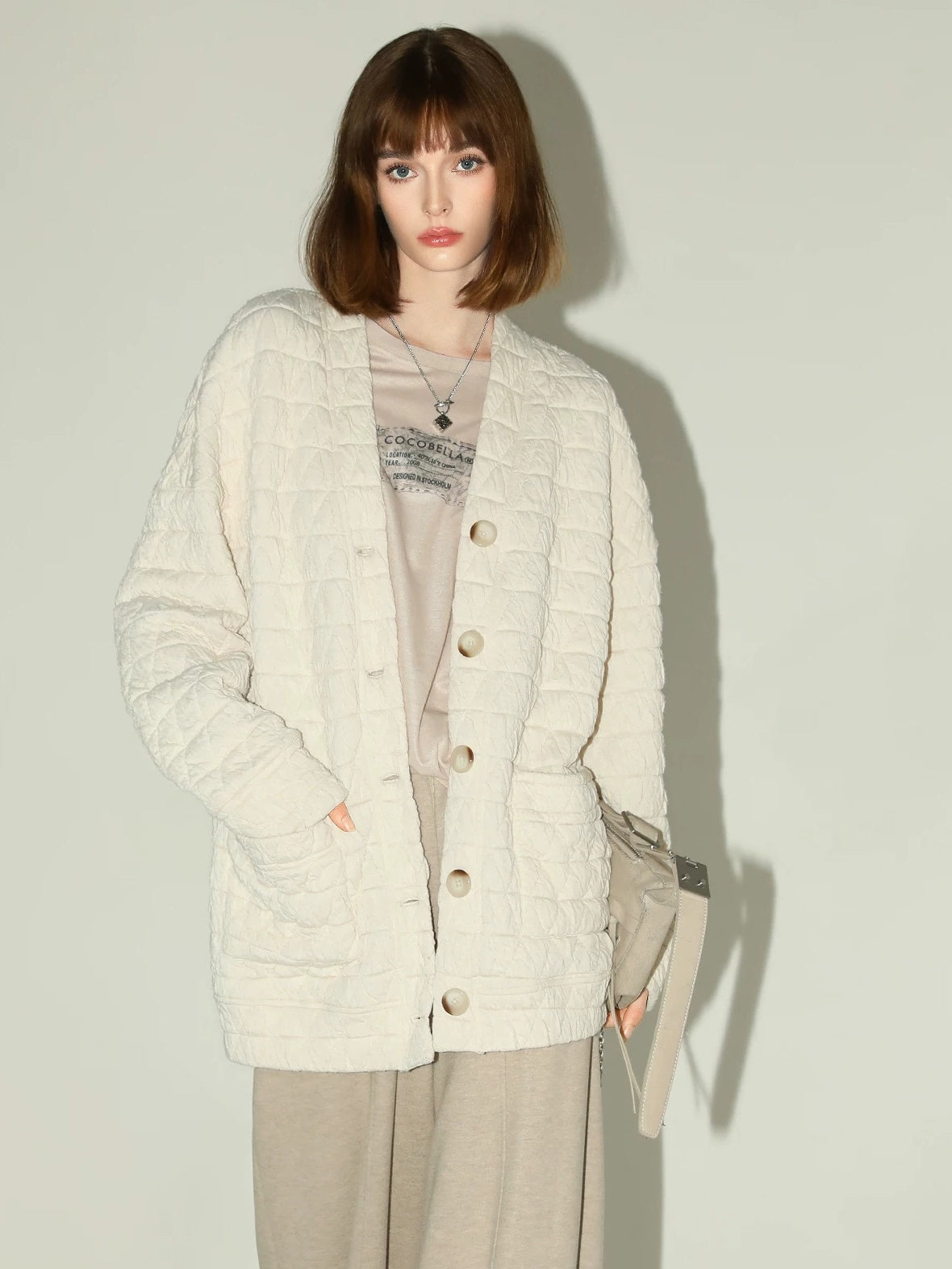 COCOBELLA Stretch Polyester V Neck Button Straight Fit Commuter Women Knit Sweater