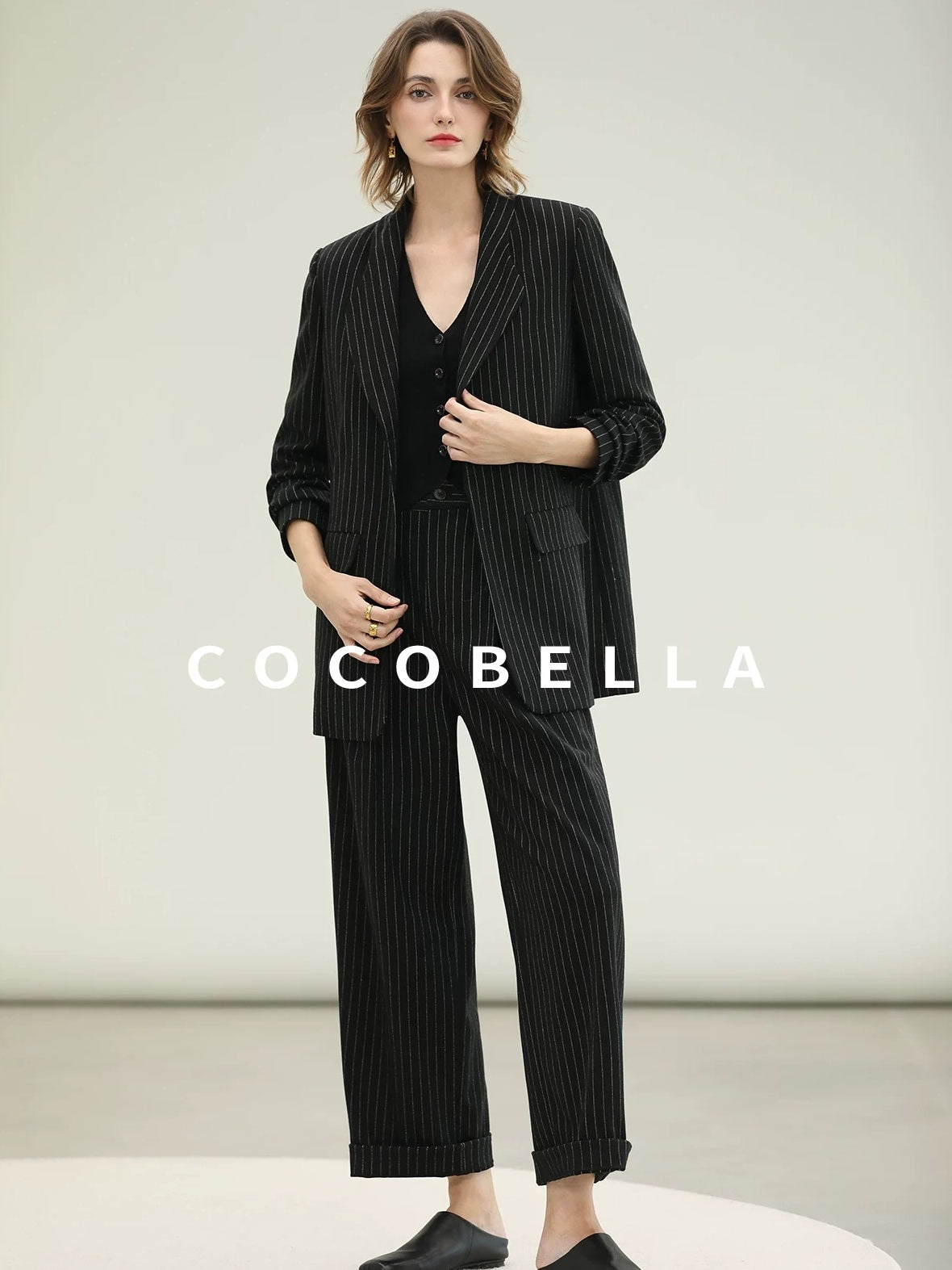 COCOBELLA Striped Slim Fit Commuter Tailored Notch Lapel Women Casual Work Blazers