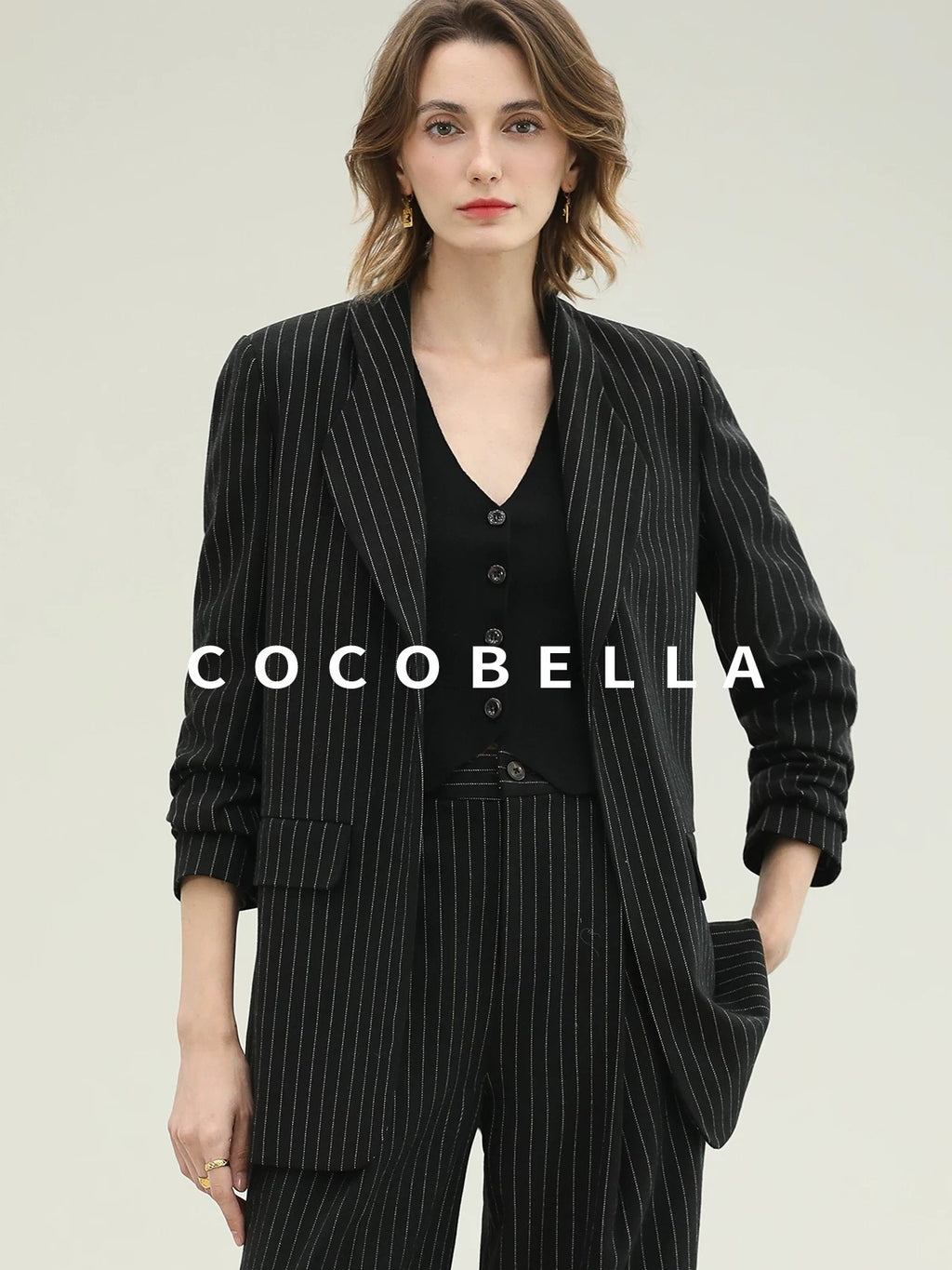 COCOBELLA Striped Slim Fit Commuter Tailored Notch Lapel Women Casual Work Blazers
