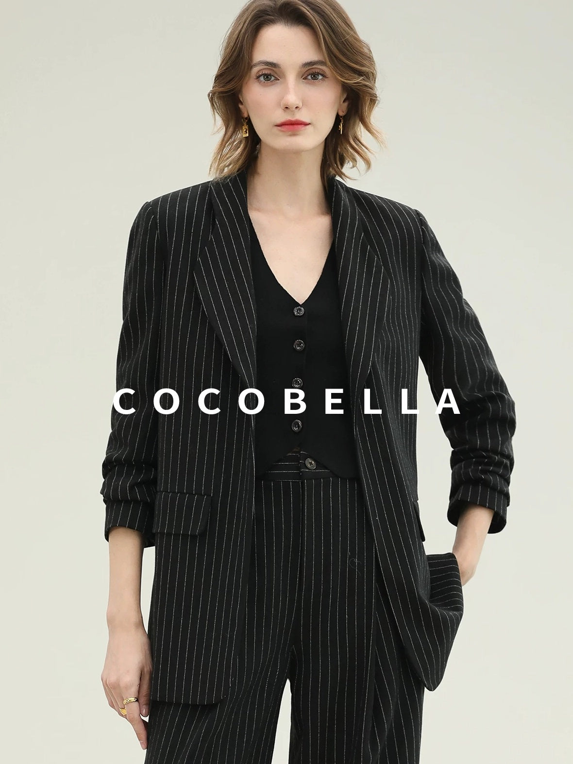 COCOBELLA Striped Slim Fit Commuter Tailored Notch Lapel Women Casual Work Blazers