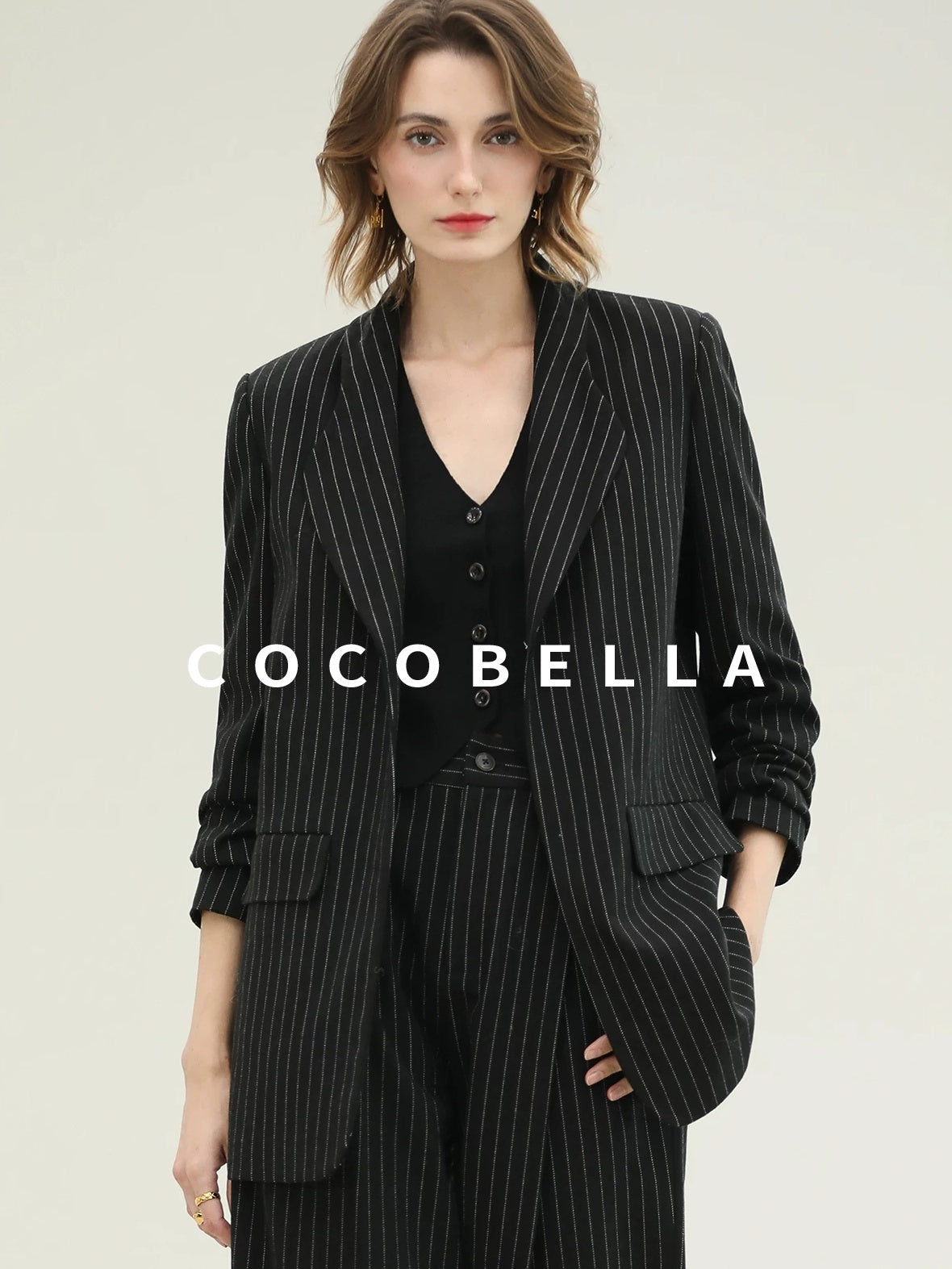 COCOBELLA Striped Slim Fit Commuter Tailored Notch Lapel Women Casual Work Blazers
