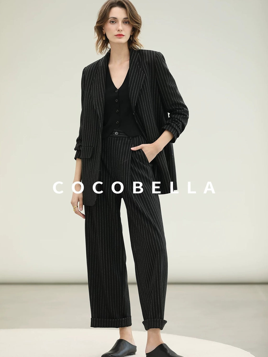 COCOBELLA Striped Slim Fit Commuter Tailored Notch Lapel Women Casual Work Blazers