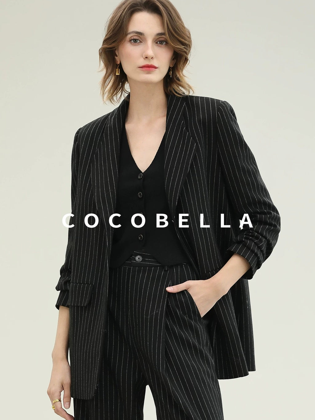 COCOBELLA Striped Slim Fit Commuter Tailored Notch Lapel Women Casual Work Blazers