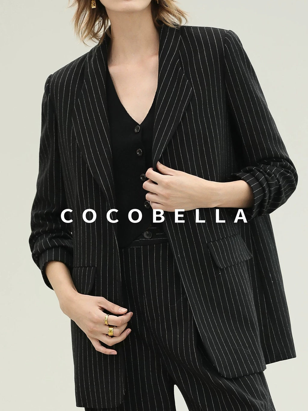 COCOBELLA Striped Slim Fit Commuter Tailored Notch Lapel Women Casual Work Blazers