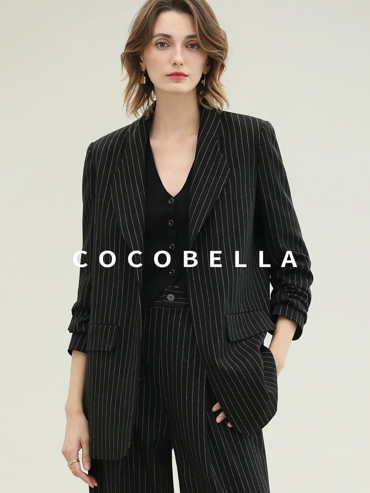 COCOBELLA Striped Slim Fit Commuter Tailored Notch Lapel Women Casual Work Blazers