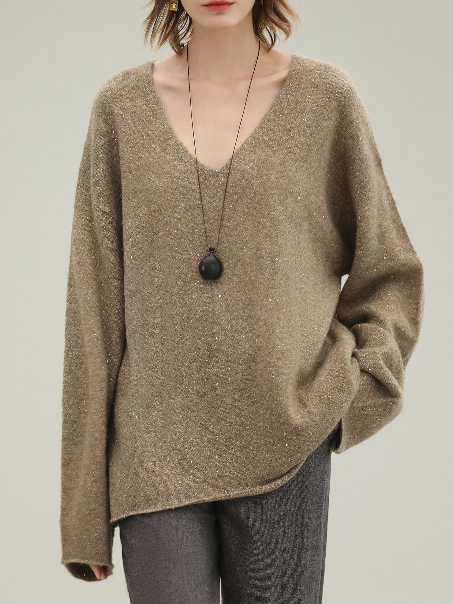 COCOBELLA Subtle Sequin Relaxed Fit V Neck Long Sleeve Women Work Knit Acrylic Sweater