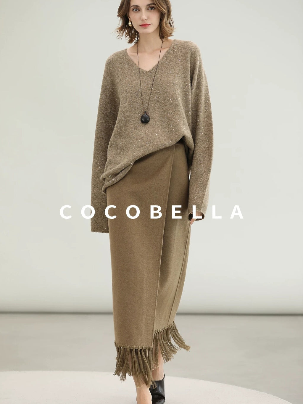 COCOBELLA Subtle Sequin Relaxed Fit V Neck Long Sleeve Women Work Knit Acrylic Sweater