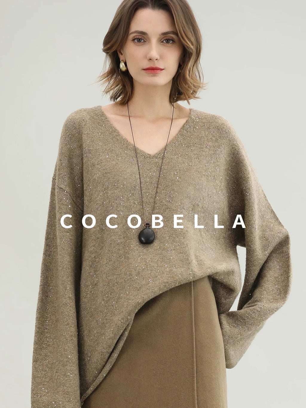 COCOBELLA Subtle Sequin Relaxed Fit V Neck Long Sleeve Women Work Knit Acrylic Sweater