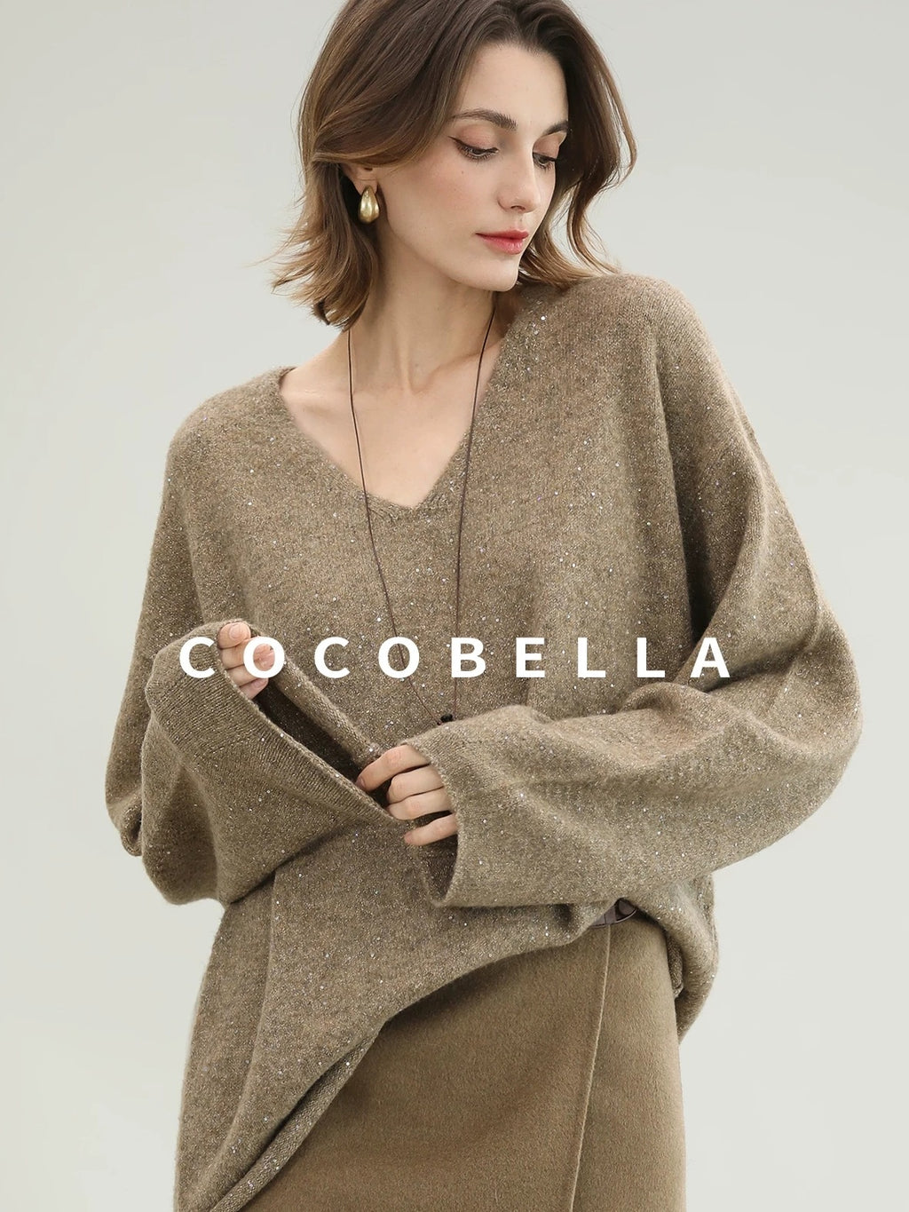 COCOBELLA Subtle Sequin Relaxed Fit V Neck Long Sleeve Women Work Knit Acrylic Sweater