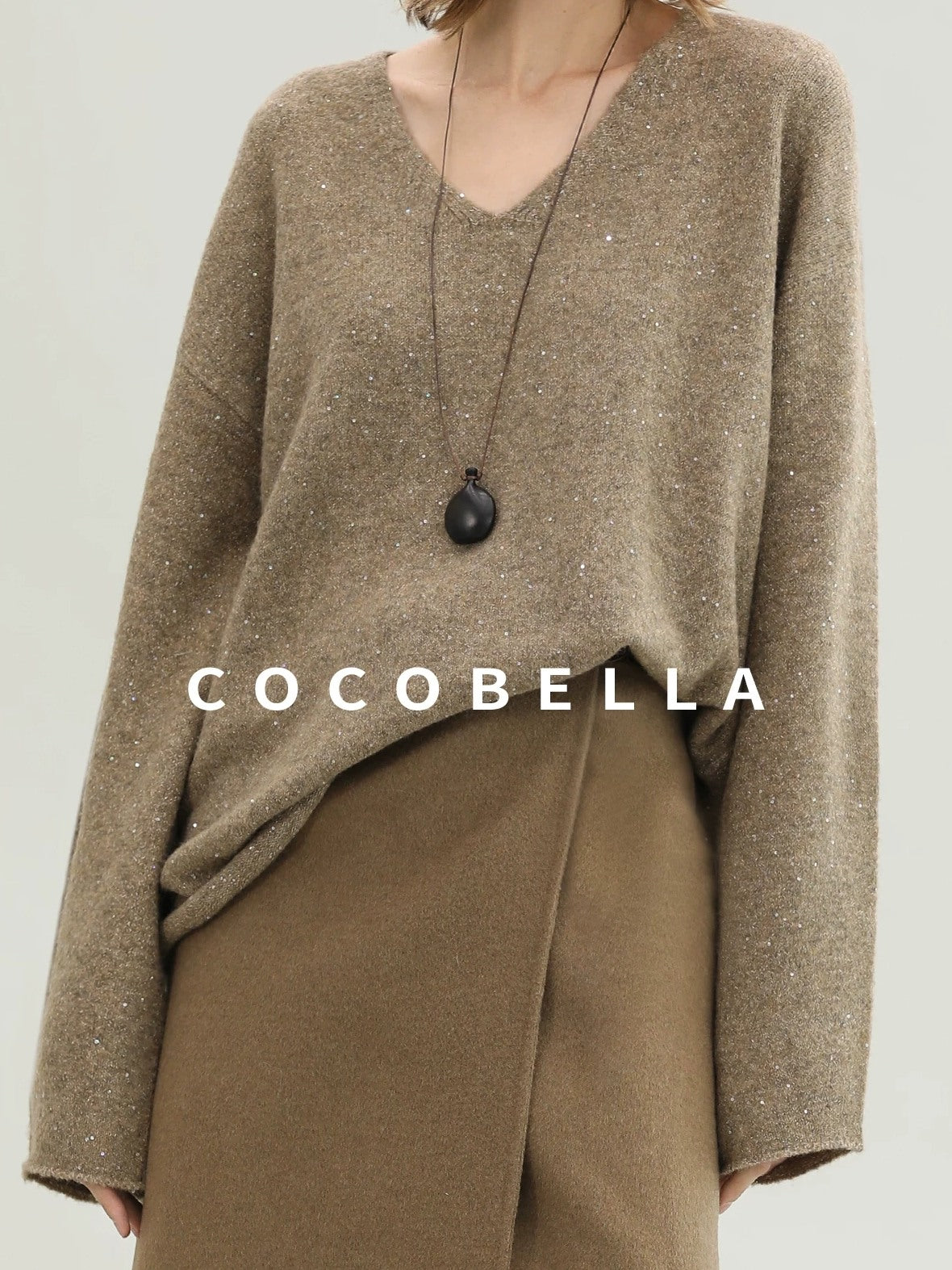 COCOBELLA Subtle Sequin Relaxed Fit V Neck Long Sleeve Women Work Knit Acrylic Sweater