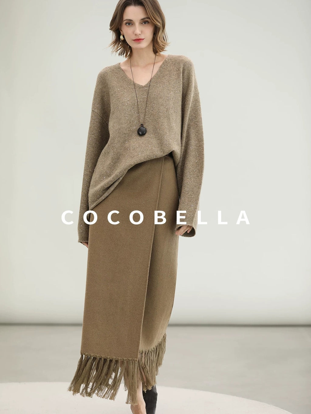 COCOBELLA Subtle Sequin Relaxed Fit V Neck Long Sleeve Women Work Knit Acrylic Sweater