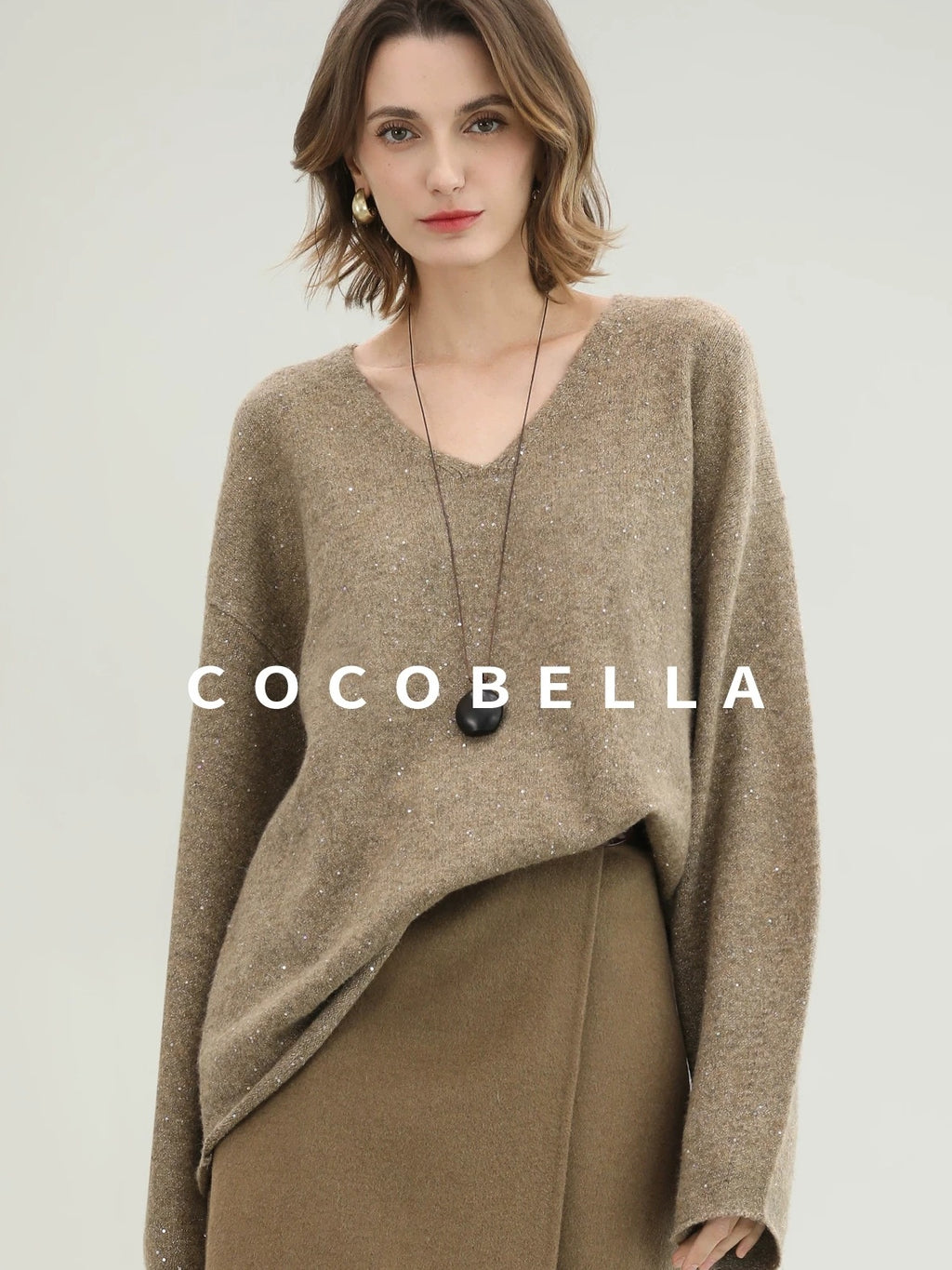 COCOBELLA Subtle Sequin Relaxed Fit V Neck Long Sleeve Women Work Knit Acrylic Sweater