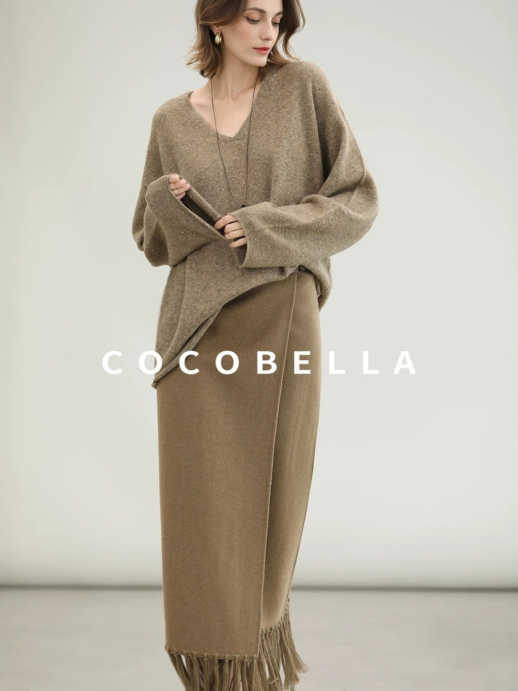 COCOBELLA Subtle Sequin Relaxed Fit V Neck Long Sleeve Women Work Knit Acrylic Sweater