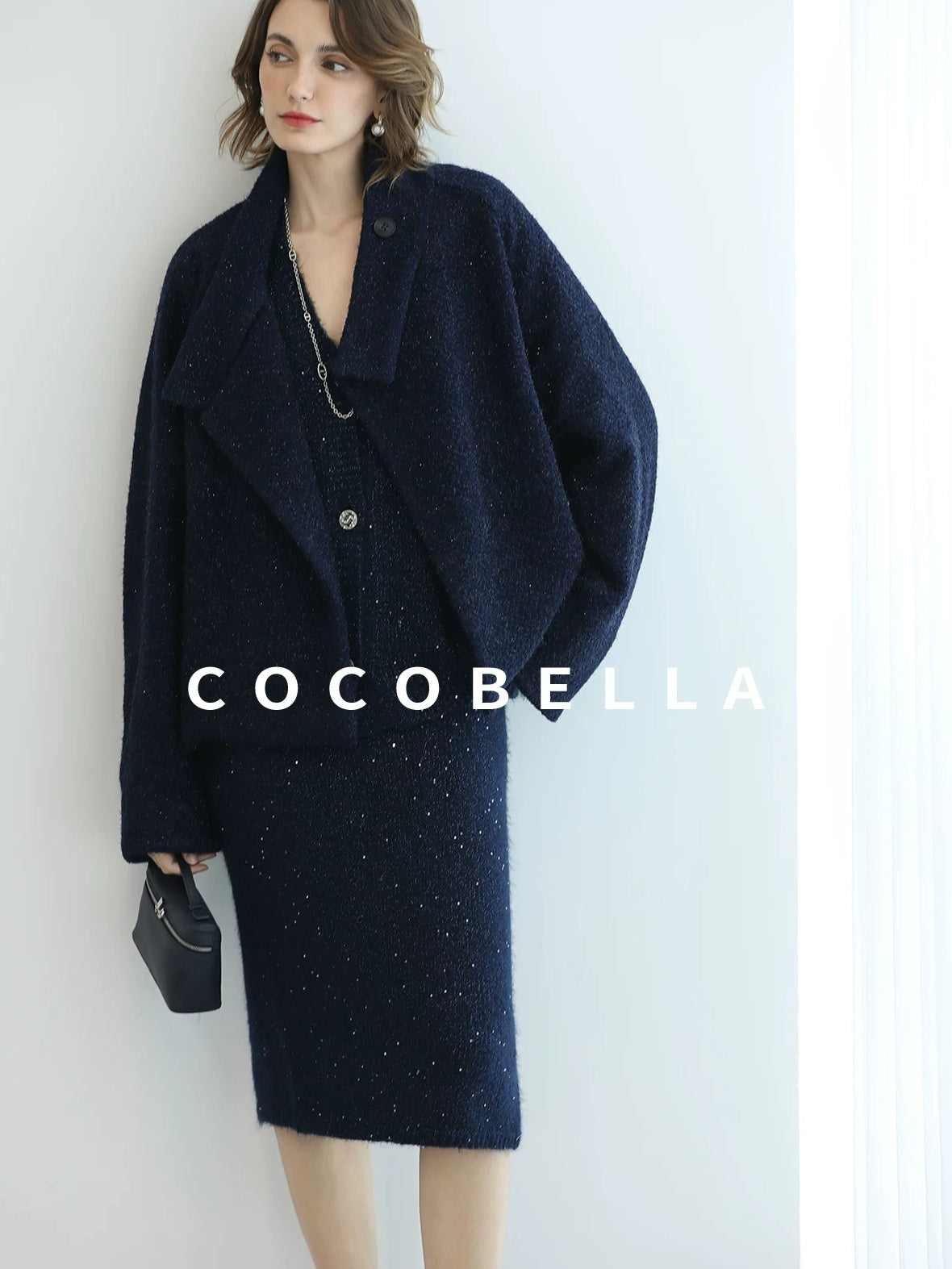COCOBELLA Subtle Shimmer Commuting Straight Knit Midi Side Slit Mid Waist Women Skirts