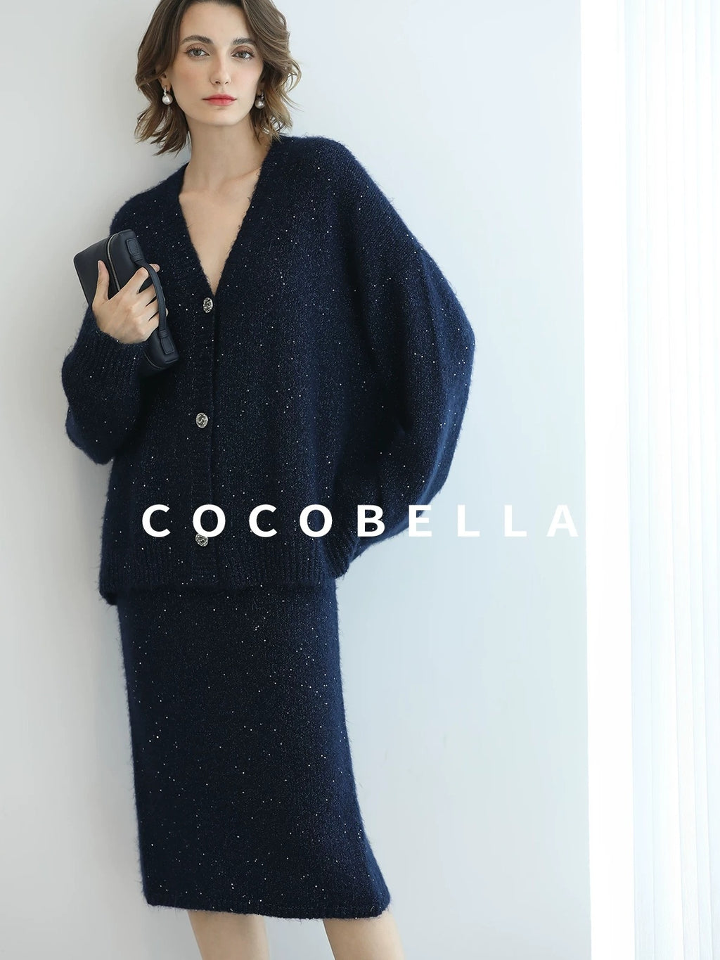 COCOBELLA Subtle Shimmer Commuting Straight Knit Midi Side Slit Mid Waist Women Skirts