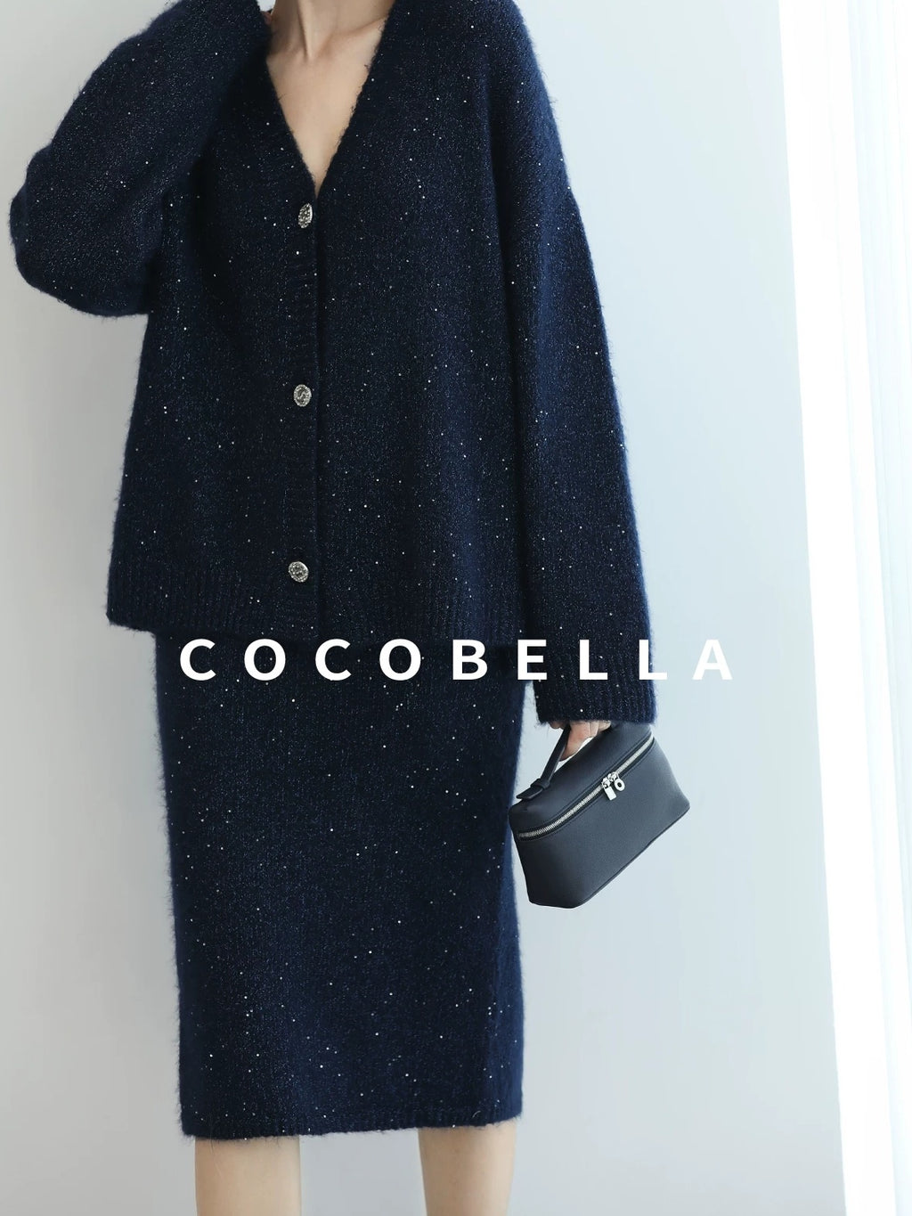 COCOBELLA Subtle Shimmer Commuting Straight Knit Midi Side Slit Mid Waist Women Skirts