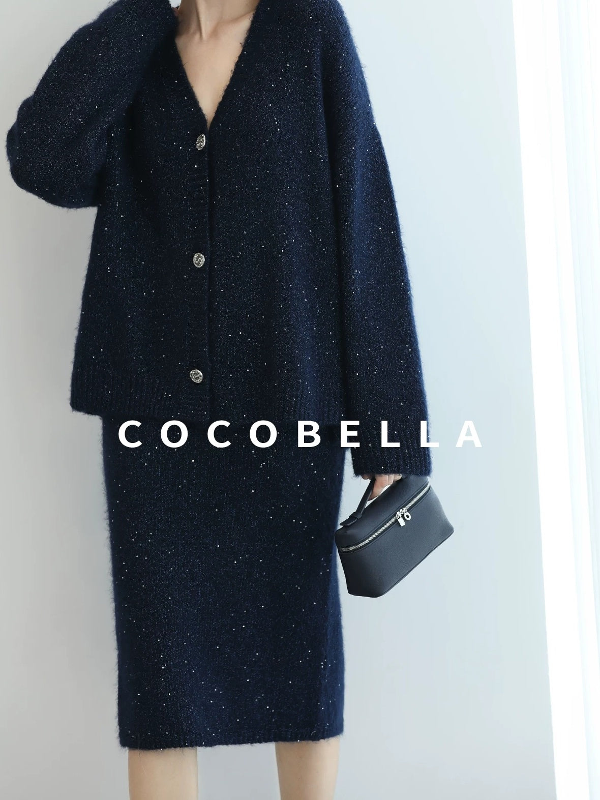 COCOBELLA Subtle Shimmer Commuting Straight Knit Midi Side Slit Mid Waist Women Skirts
