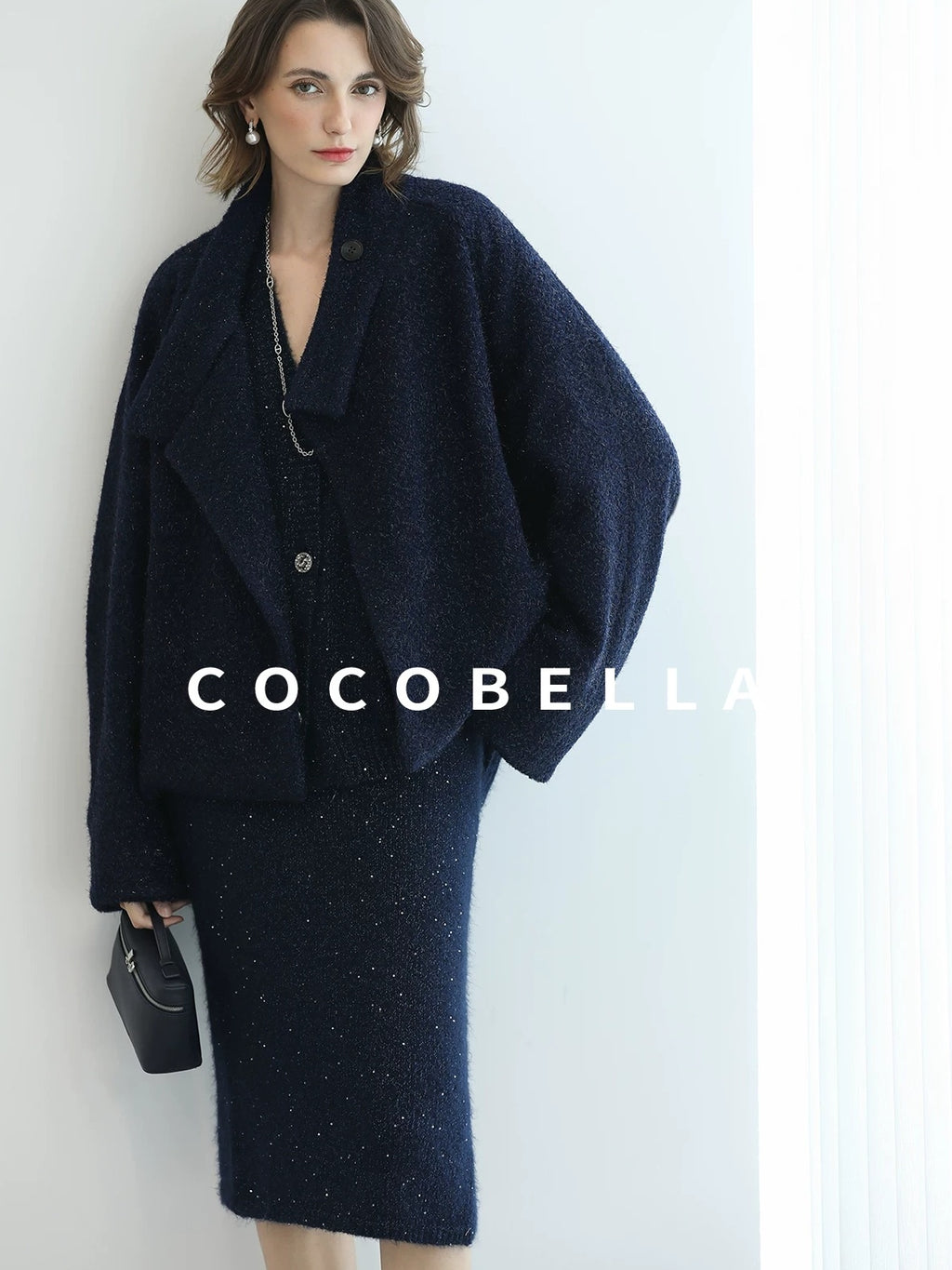 COCOBELLA Subtle Shimmer Commuting Straight Knit Midi Side Slit Mid Waist Women Skirts