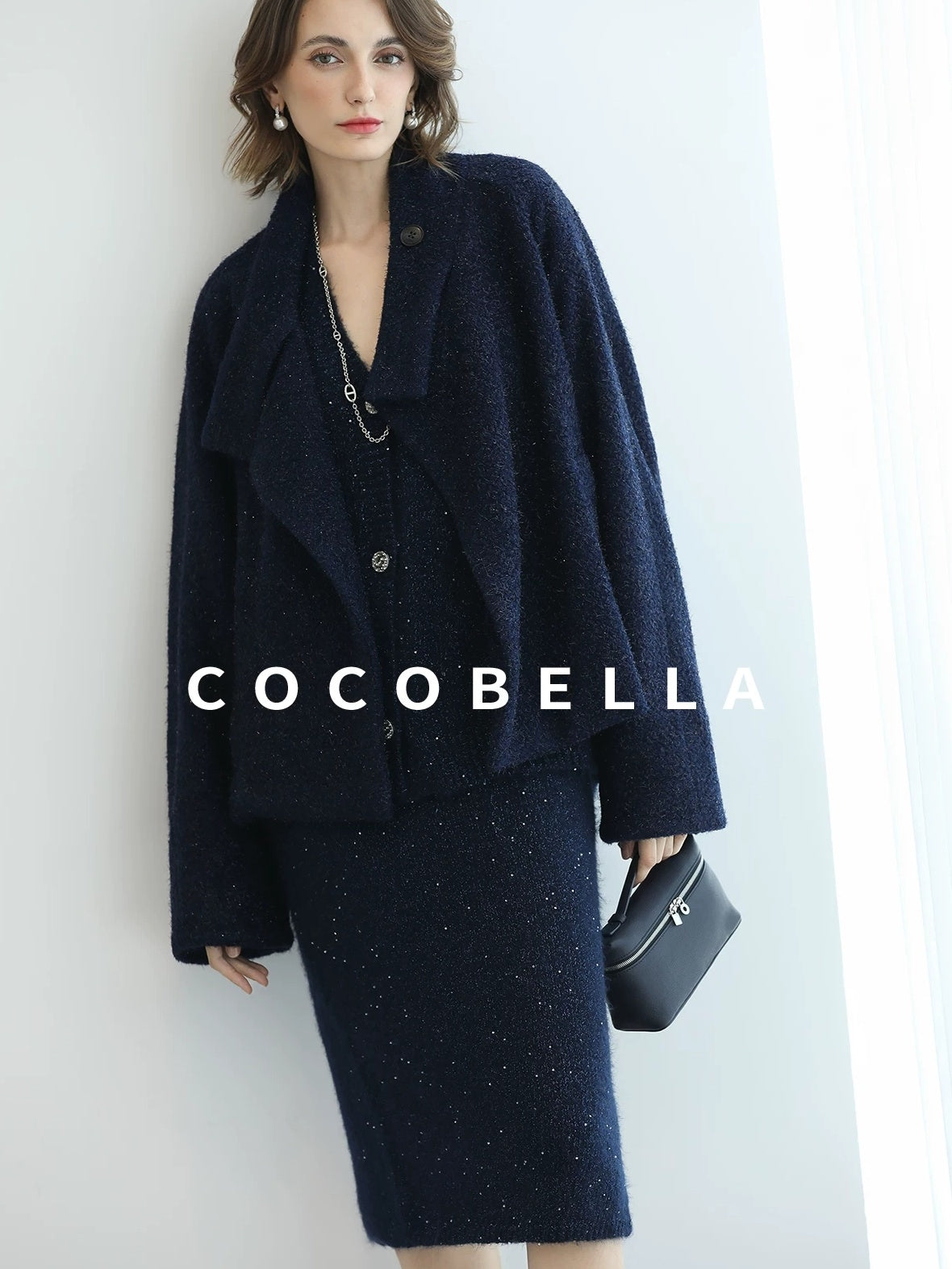 COCOBELLA Subtle Shimmer Commuting Straight Knit Midi Side Slit Mid Waist Women Skirts