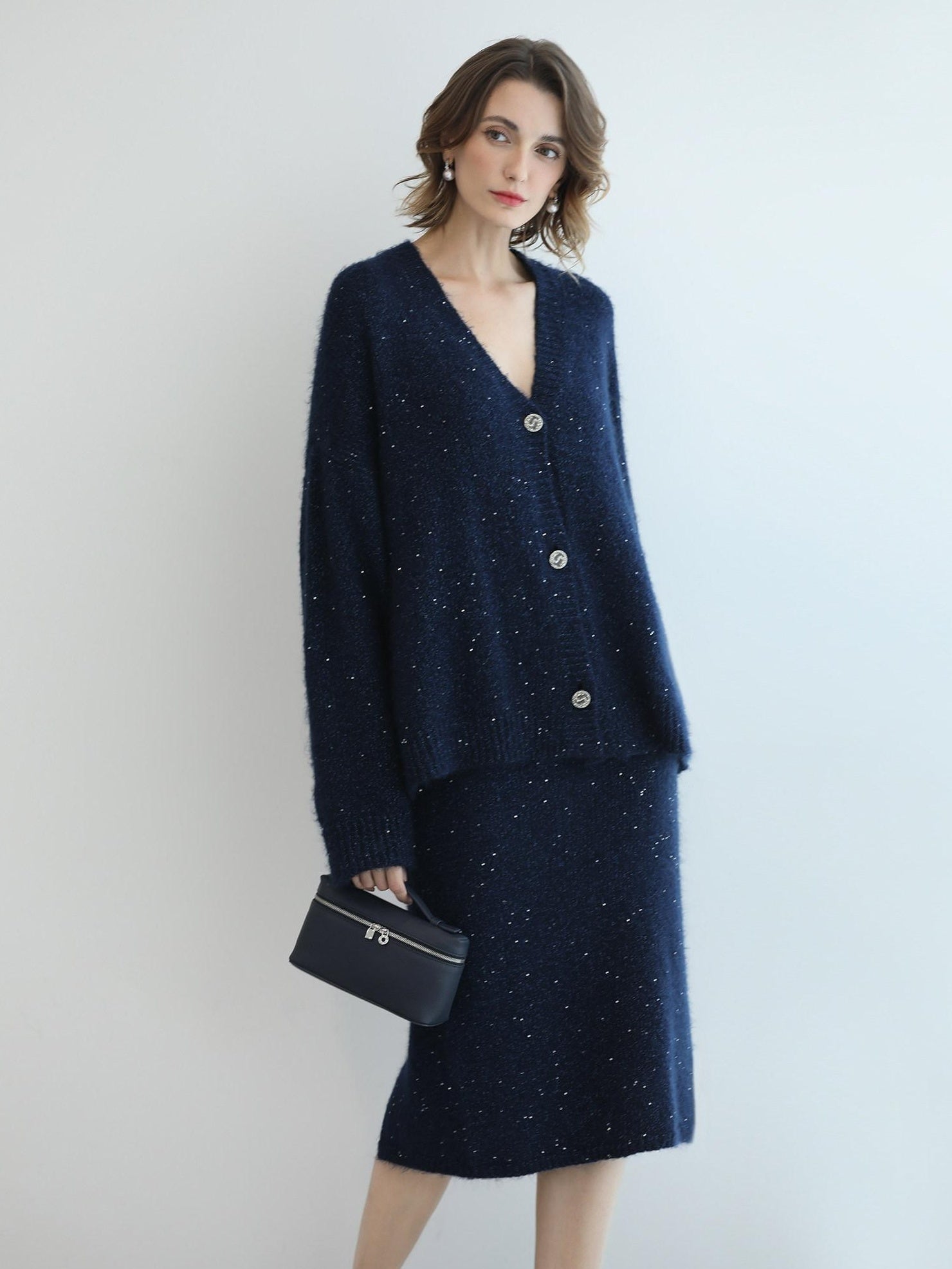 COCOBELLA Subtle Shimmer Commuting Straight Knit Midi Side Slit Mid Waist Women Skirts