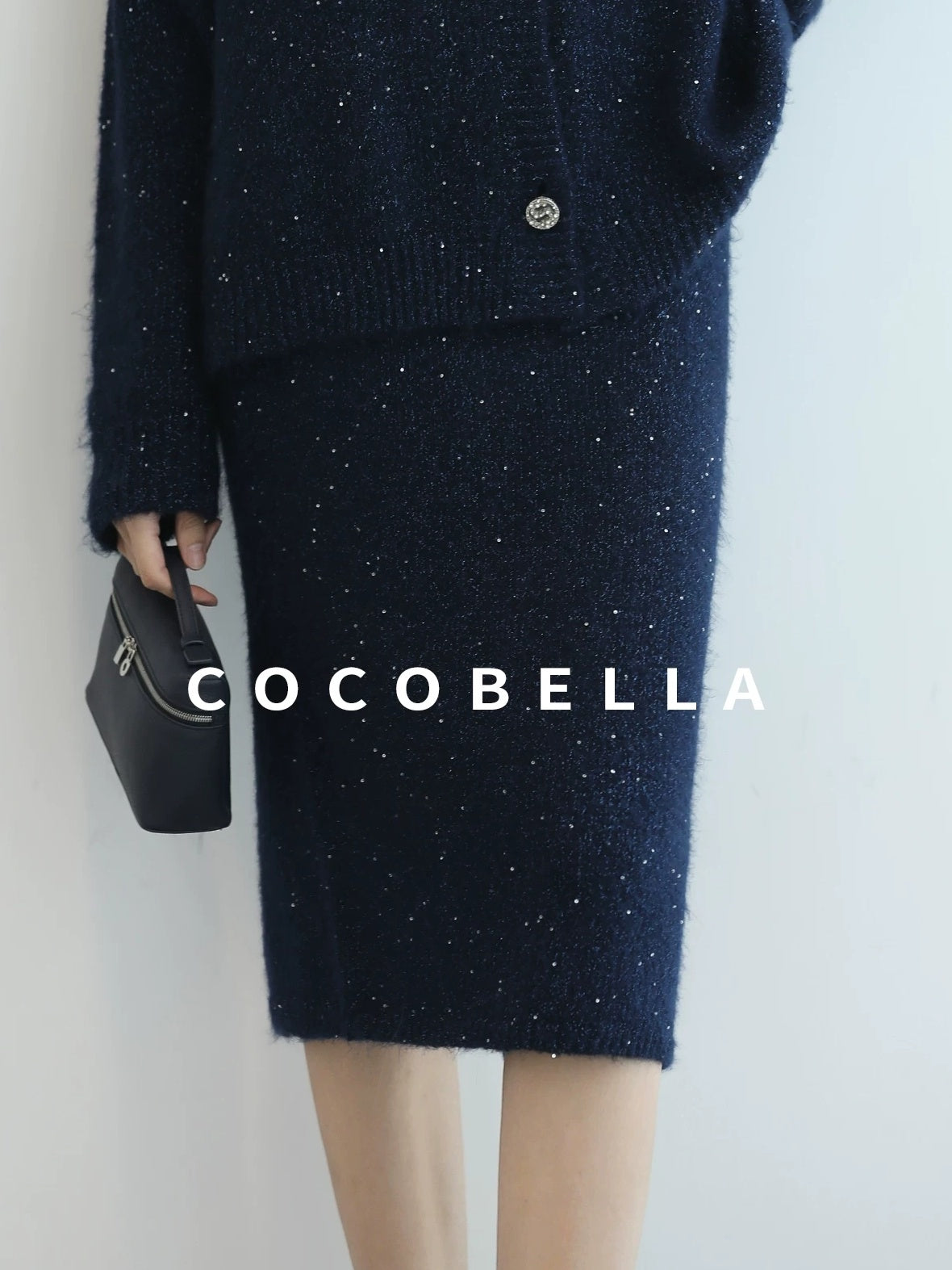 COCOBELLA Subtle Shimmer Commuting Straight Knit Midi Side Slit Mid Waist Women Skirts