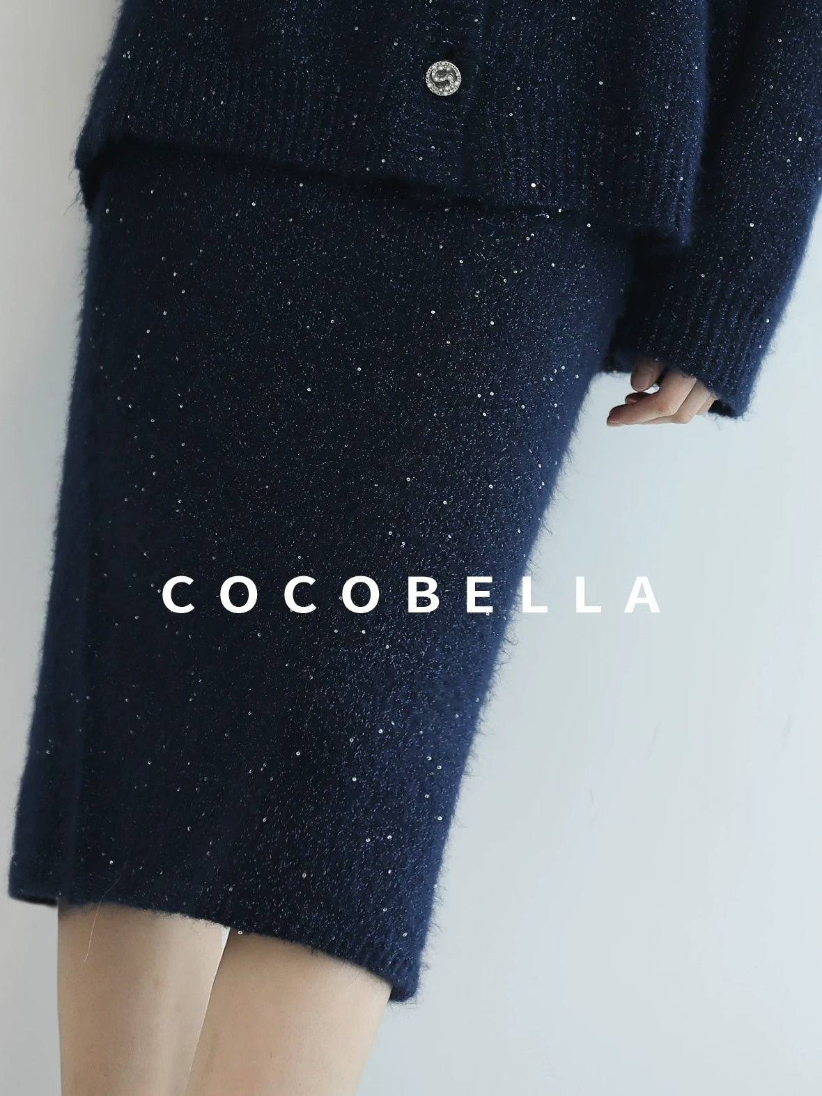 COCOBELLA Subtle Shimmer Commuting Straight Knit Midi Side Slit Mid Waist Women Skirts