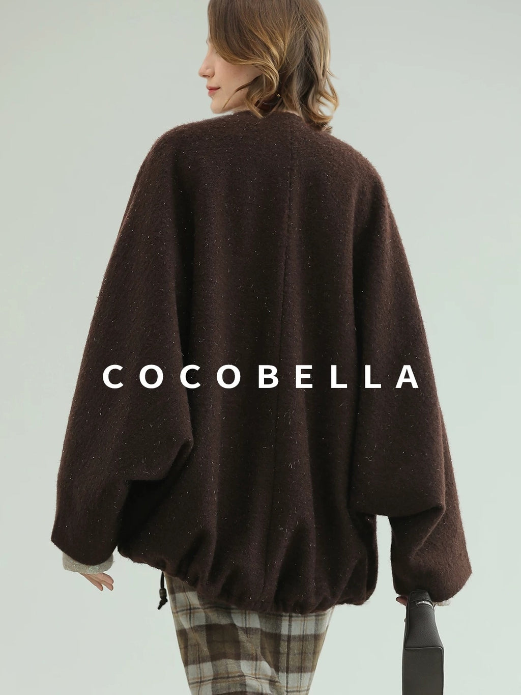 COCOBELLA Subtle Shimmer Wool Loose Fit Batwing Sleeve V Neck Ladylike Commuter Coats