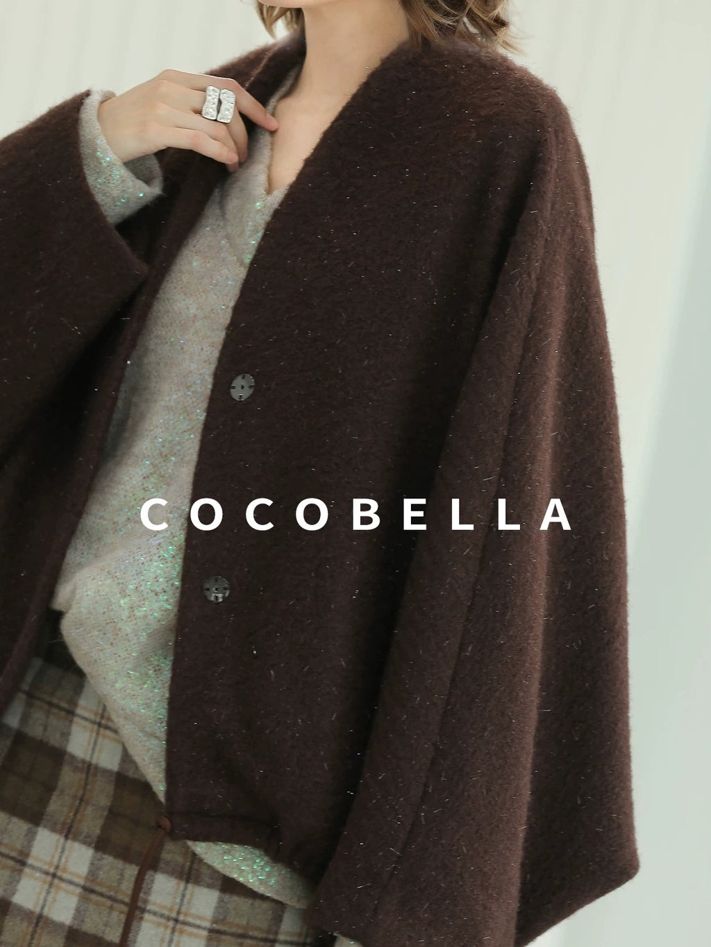 COCOBELLA Subtle Shimmer Wool Loose Fit Batwing Sleeve V Neck Ladylike Commuter Coats