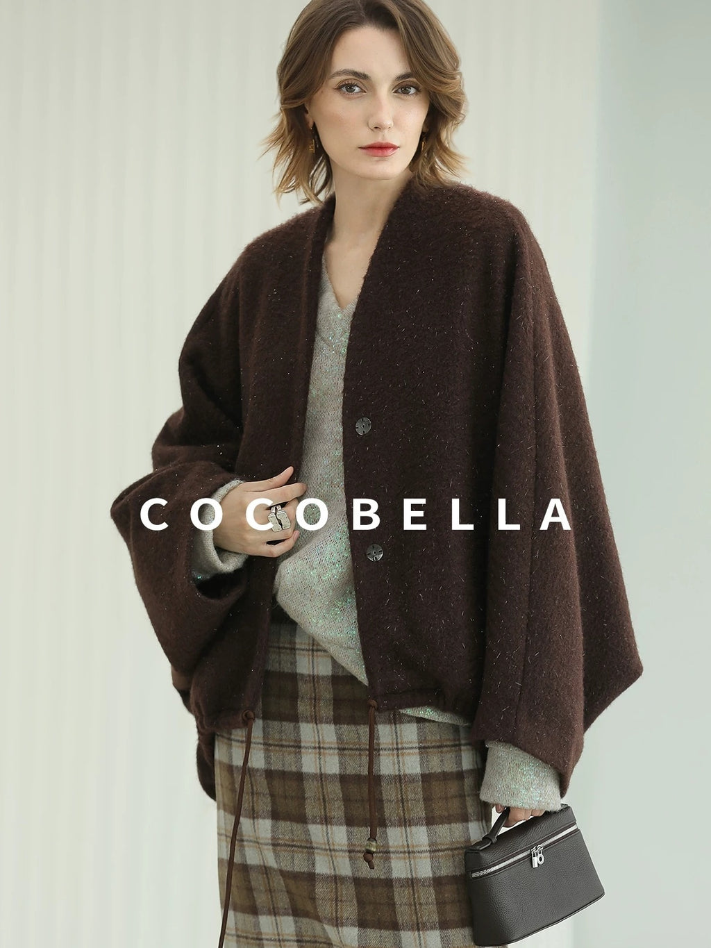 COCOBELLA Subtle Shimmer Wool Loose Fit Batwing Sleeve V Neck Ladylike Commuter Coats