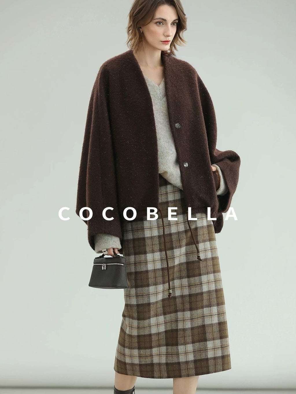COCOBELLA Subtle Shimmer Wool Loose Fit Batwing Sleeve V Neck Ladylike Commuter Coats