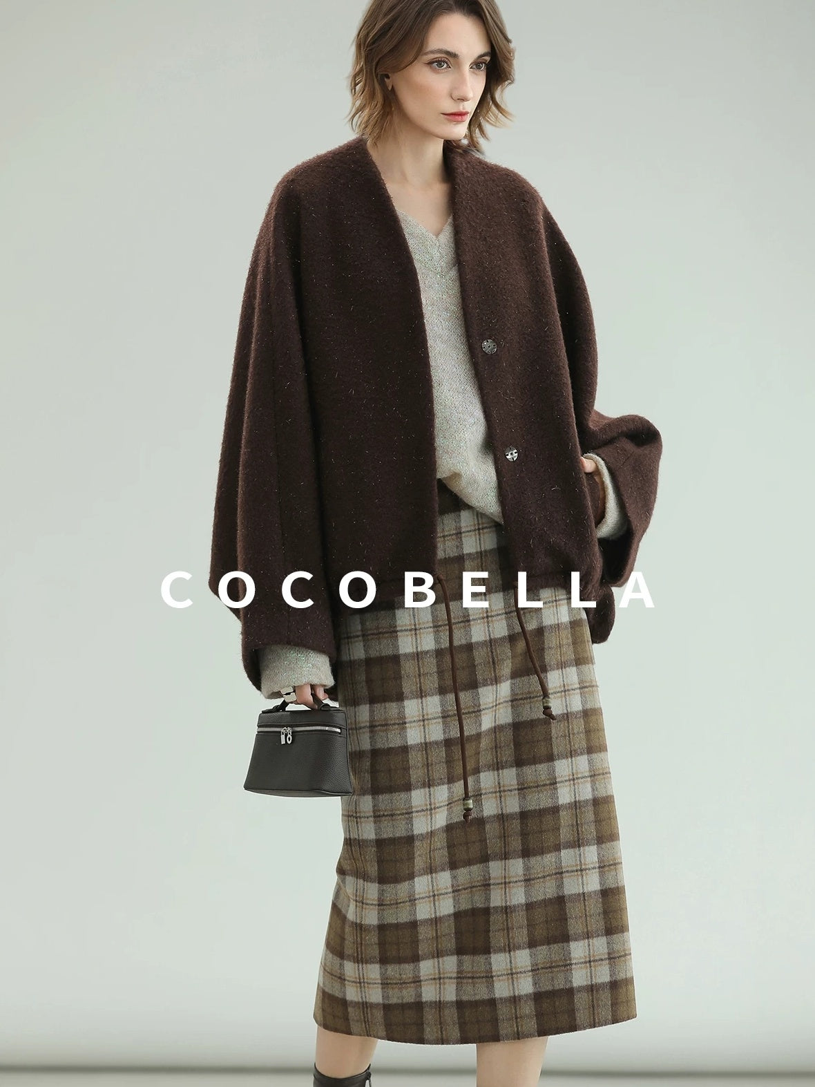 COCOBELLA Subtle Shimmer Wool Loose Fit Batwing Sleeve V Neck Ladylike Commuter Coats