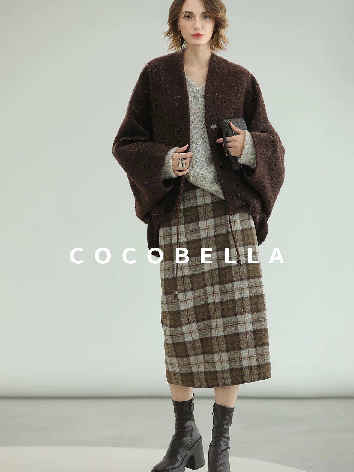 COCOBELLA Subtle Shimmer Wool Loose Fit Batwing Sleeve V Neck Ladylike Commuter Coats