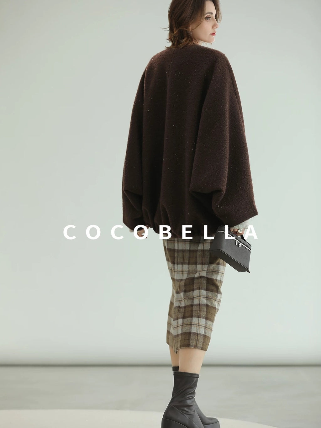 COCOBELLA Subtle Shimmer Wool Loose Fit Batwing Sleeve V Neck Ladylike Commuter Coats