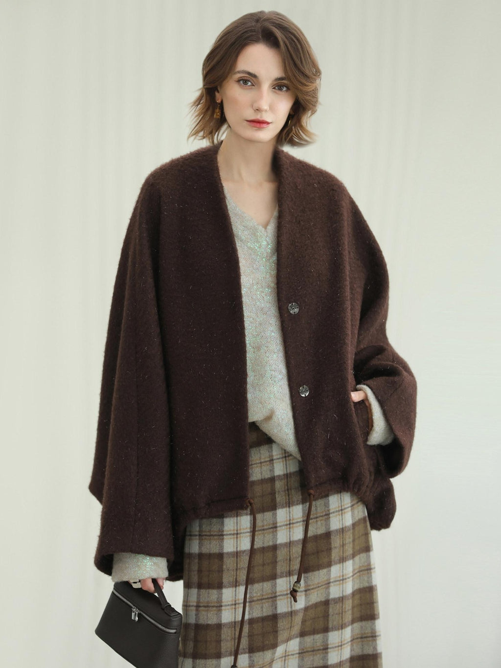 COCOBELLA Subtle Shimmer Wool Loose Fit Batwing Sleeve V Neck Ladylike Commuter Coats