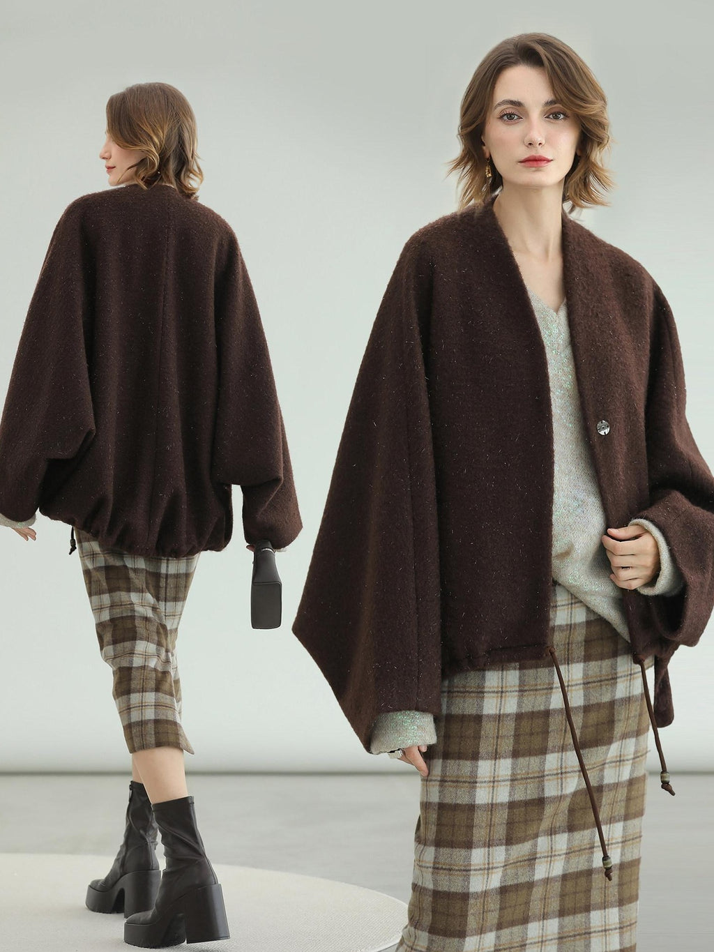 COCOBELLA Subtle Shimmer Wool Loose Fit Batwing Sleeve V Neck Ladylike Commuter Coats