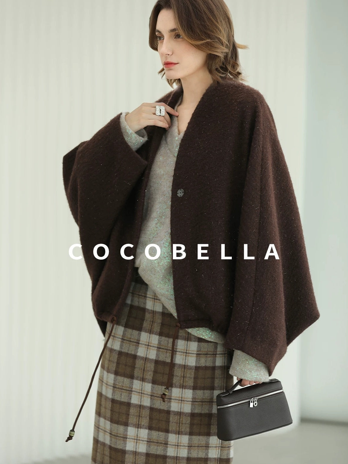 COCOBELLA Subtle Shimmer Wool Loose Fit Batwing Sleeve V Neck Ladylike Commuter Coats
