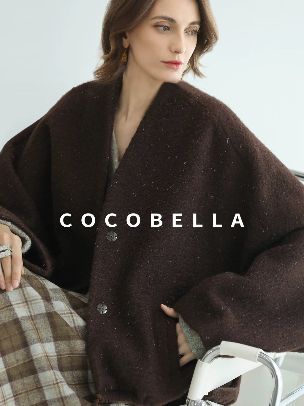 COCOBELLA Subtle Shimmer Wool Loose Fit Batwing Sleeve V Neck Ladylike Commuter Coats