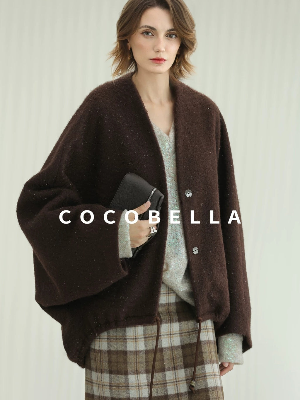 COCOBELLA Subtle Shimmer Wool Loose Fit Batwing Sleeve V Neck Ladylike Commuter Coats