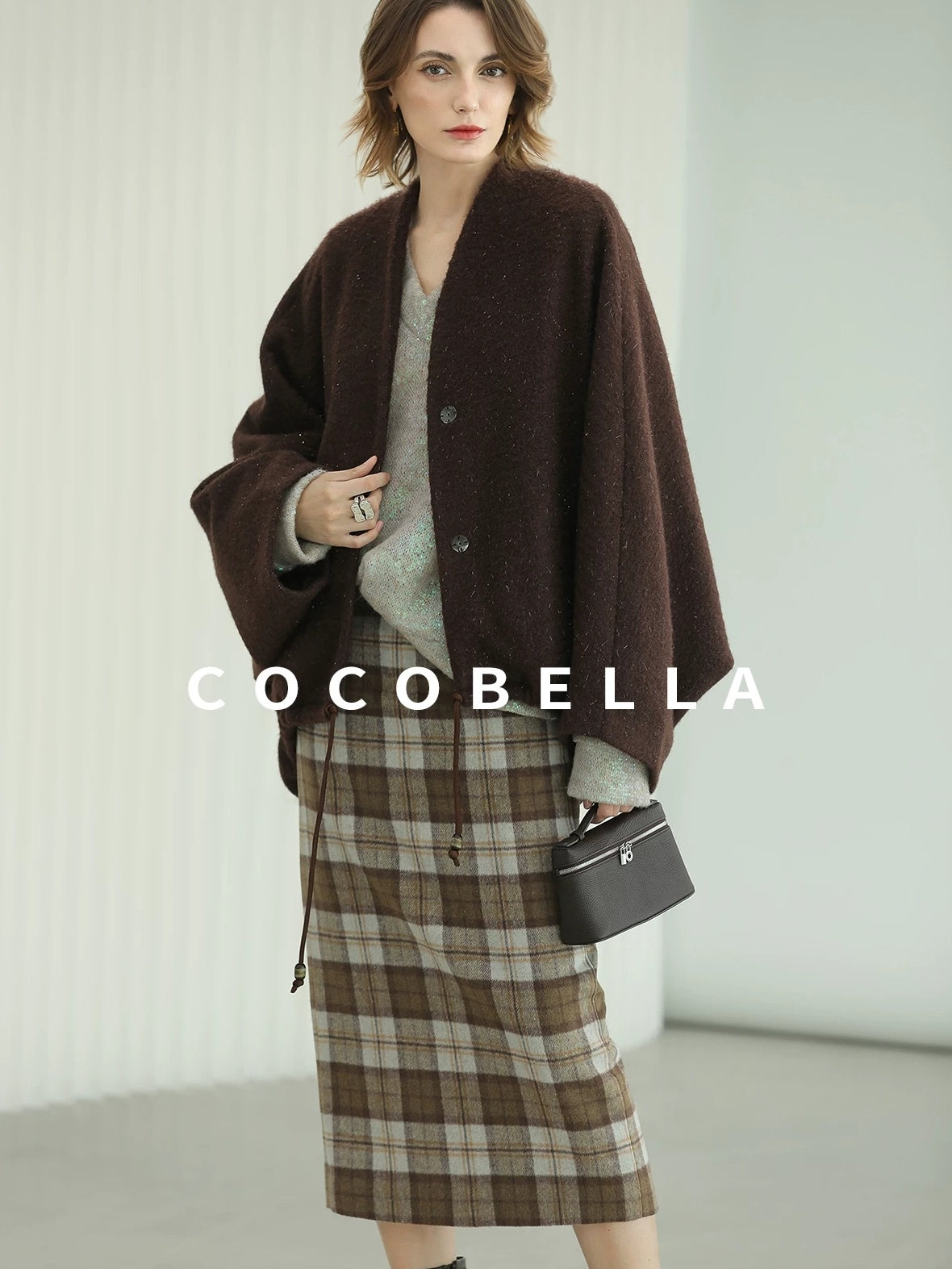 COCOBELLA Subtle Shimmer Wool Loose Fit Batwing Sleeve V Neck Ladylike Commuter Coats
