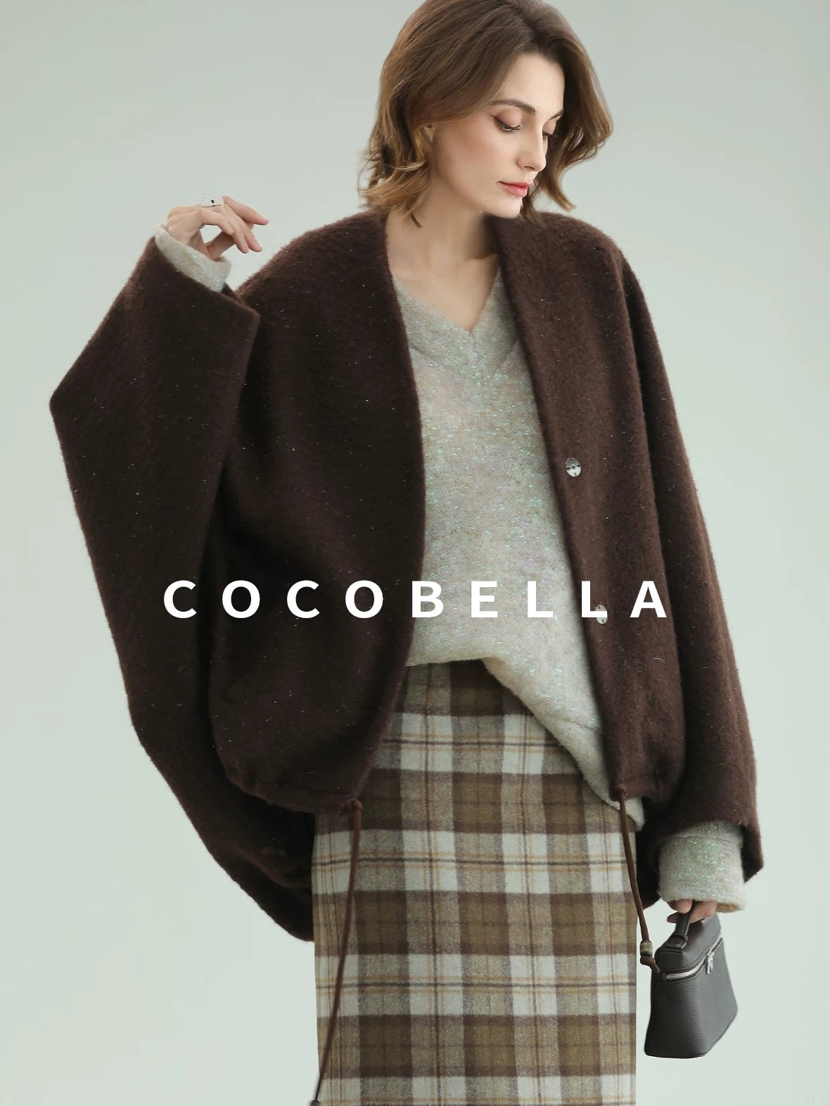 COCOBELLA Subtle Shimmer Wool Loose Fit Batwing Sleeve V Neck Ladylike Commuter Coats