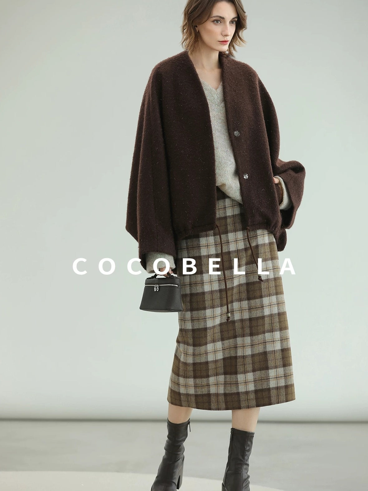 COCOBELLA Subtle Shimmer Wool Loose Fit Batwing Sleeve V Neck Ladylike Commuter Coats
