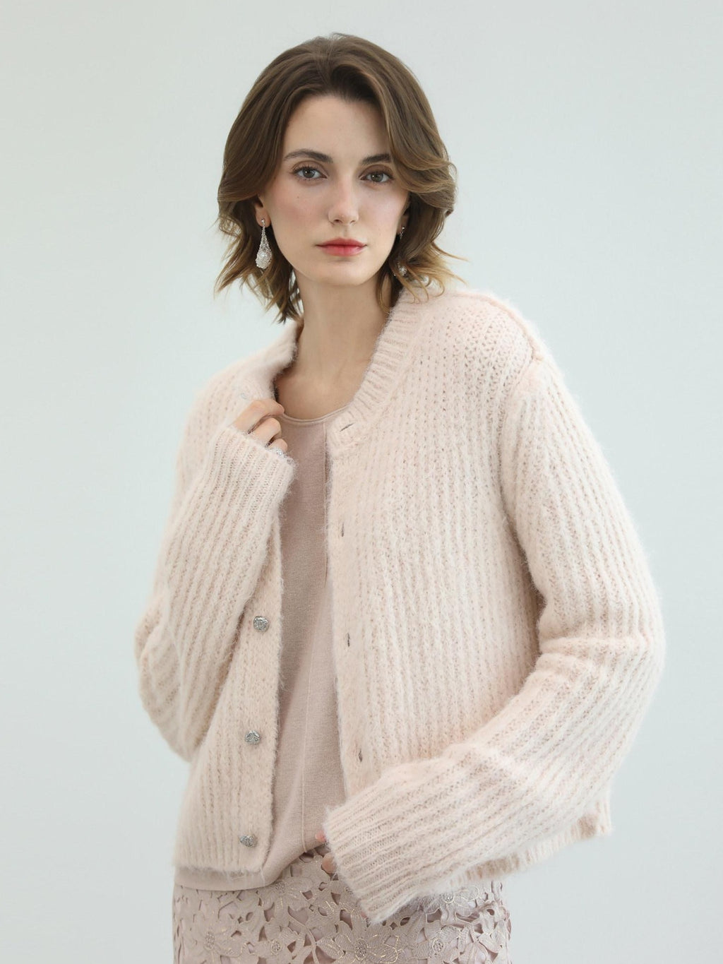 COCOBELLA Sweet Button Cardigan Straight Fit Round Neck Women Cloud Pink Sweater