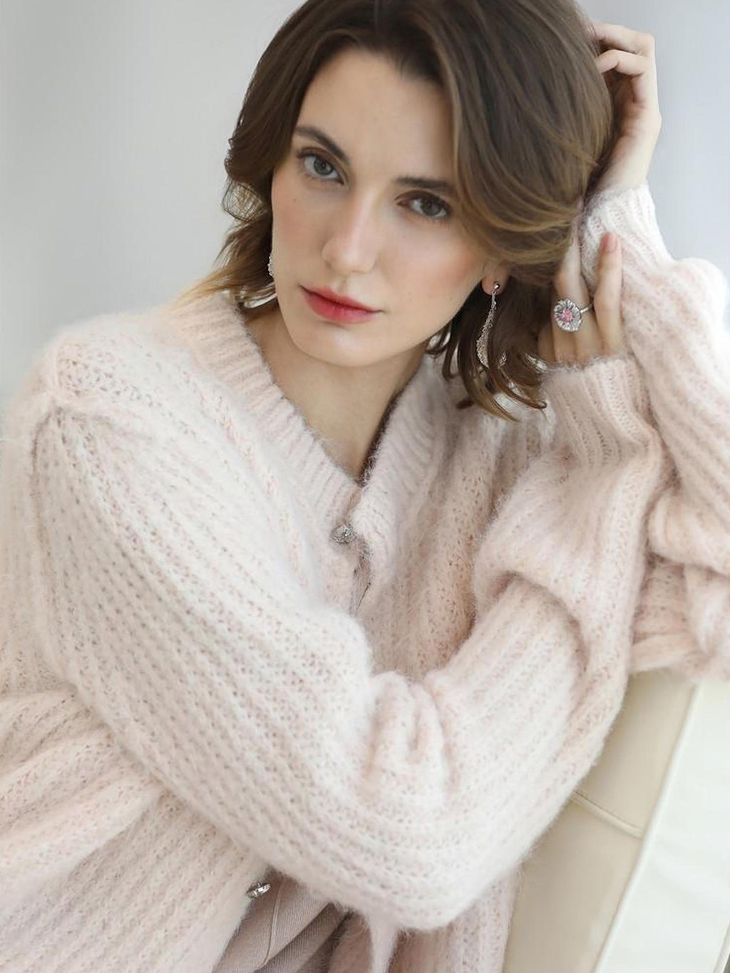 COCOBELLA Sweet Button Cardigan Straight Fit Round Neck Women Cloud Pink Sweater