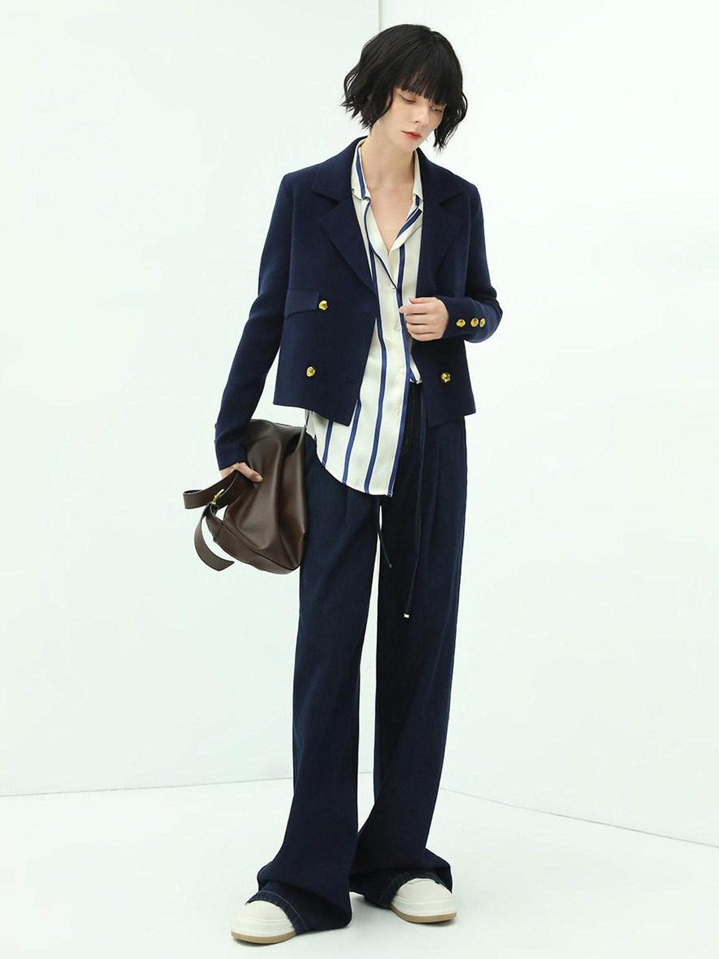 COCOBELLA Tailored Double Breasted Straight Cut Button Detail Women Office Navy Blazers