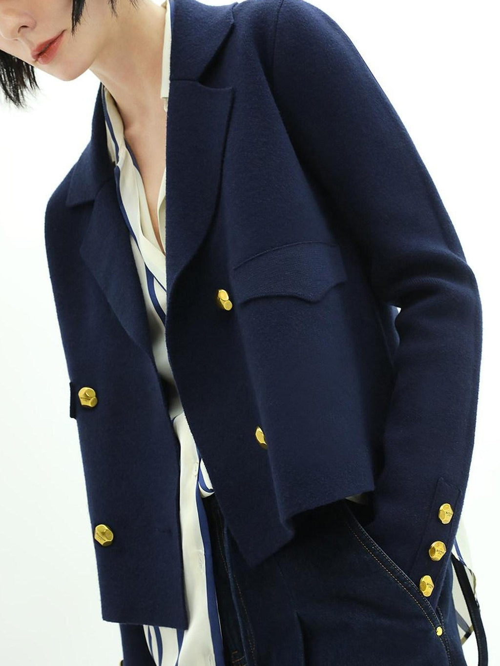 COCOBELLA Tailored Double Breasted Straight Cut Button Detail Women Office Navy Blazers
