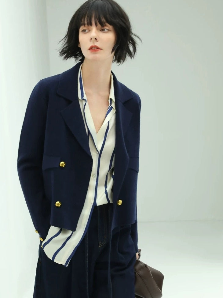 COCOBELLA Tailored Double Breasted Straight Cut Button Detail Women Office Navy Blazers