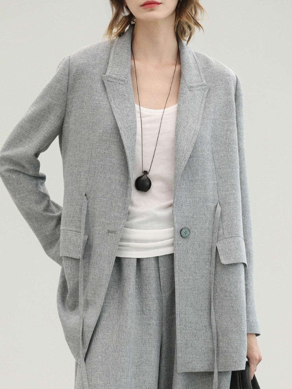 COCOBELLA Tailored Single Button Straight Midlength Notch Lapel Women Pockets Grey Blazers
