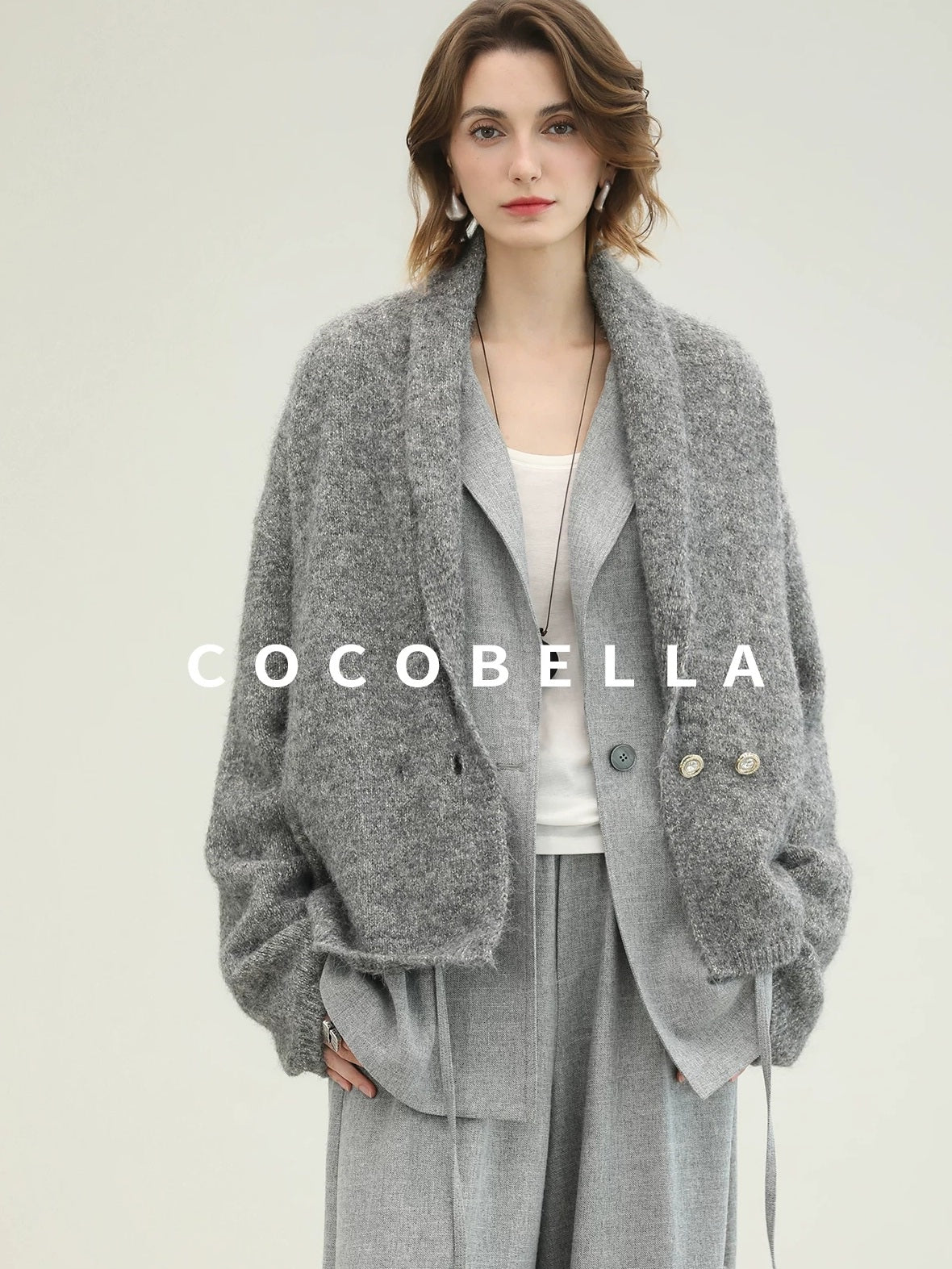 COCOBELLA Tailored Single Button Straight Midlength Notch Lapel Women Pockets Grey Blazers