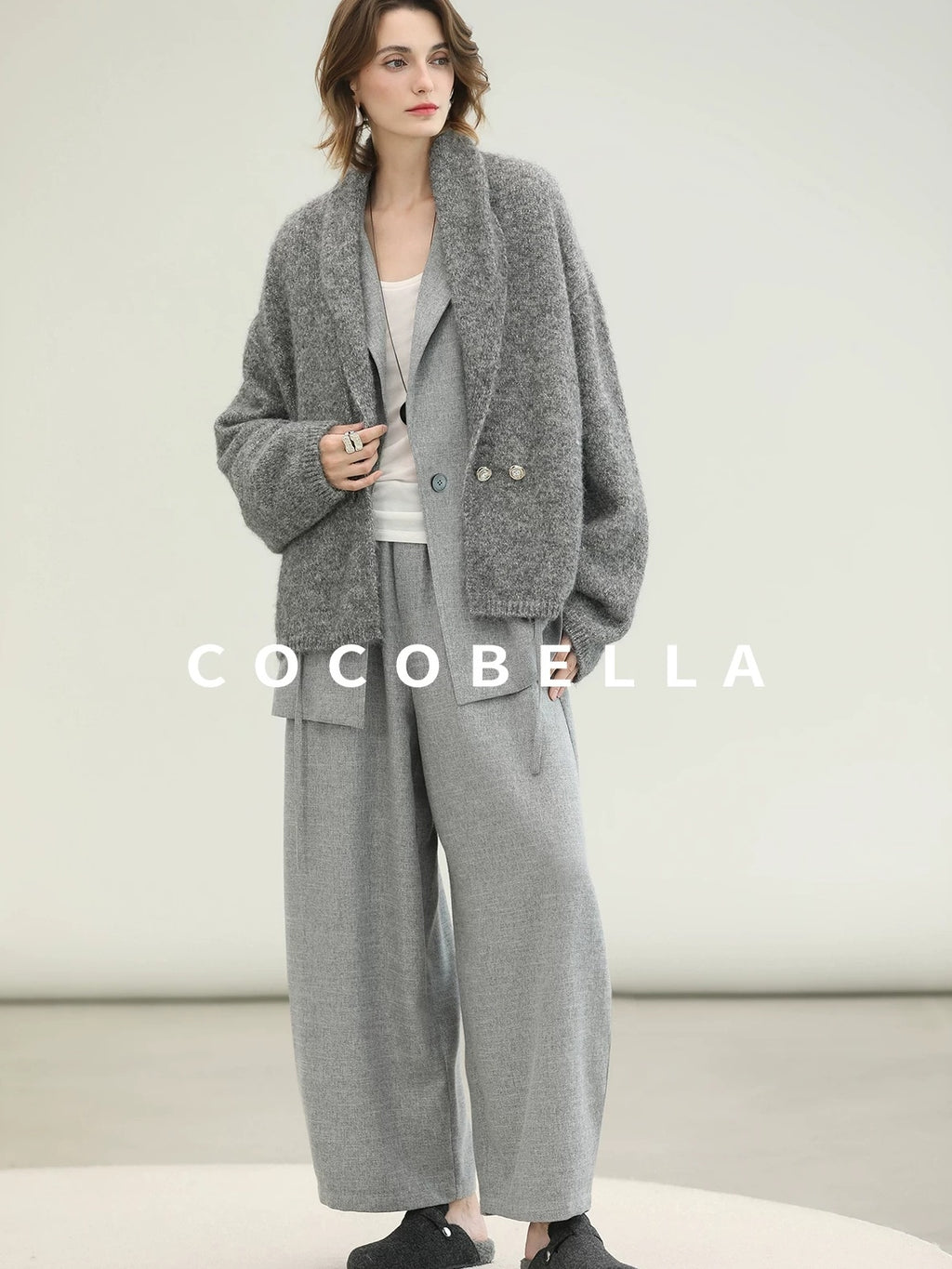 COCOBELLA Tailored Single Button Straight Midlength Notch Lapel Women Pockets Grey Blazers